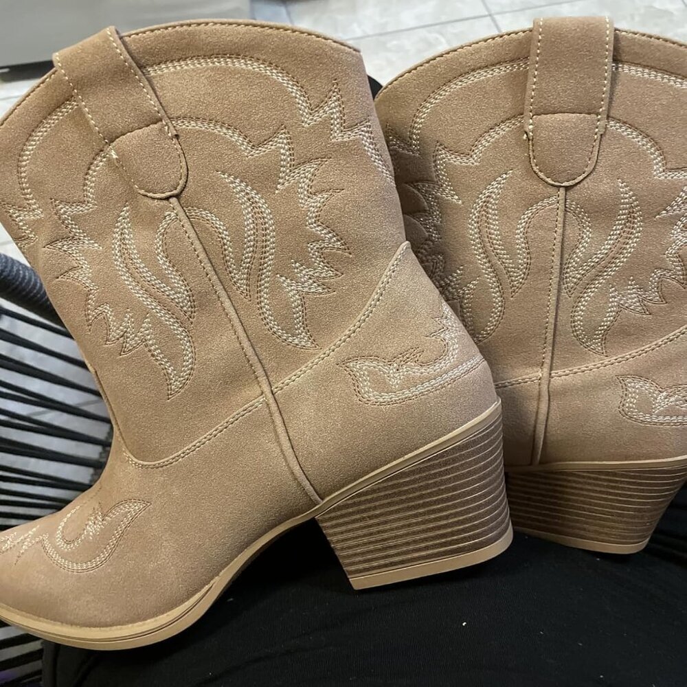 🆕Women Camel Faux Leather Ankle Cowgirl Pull-On Pointed Toe Short Western Boots
